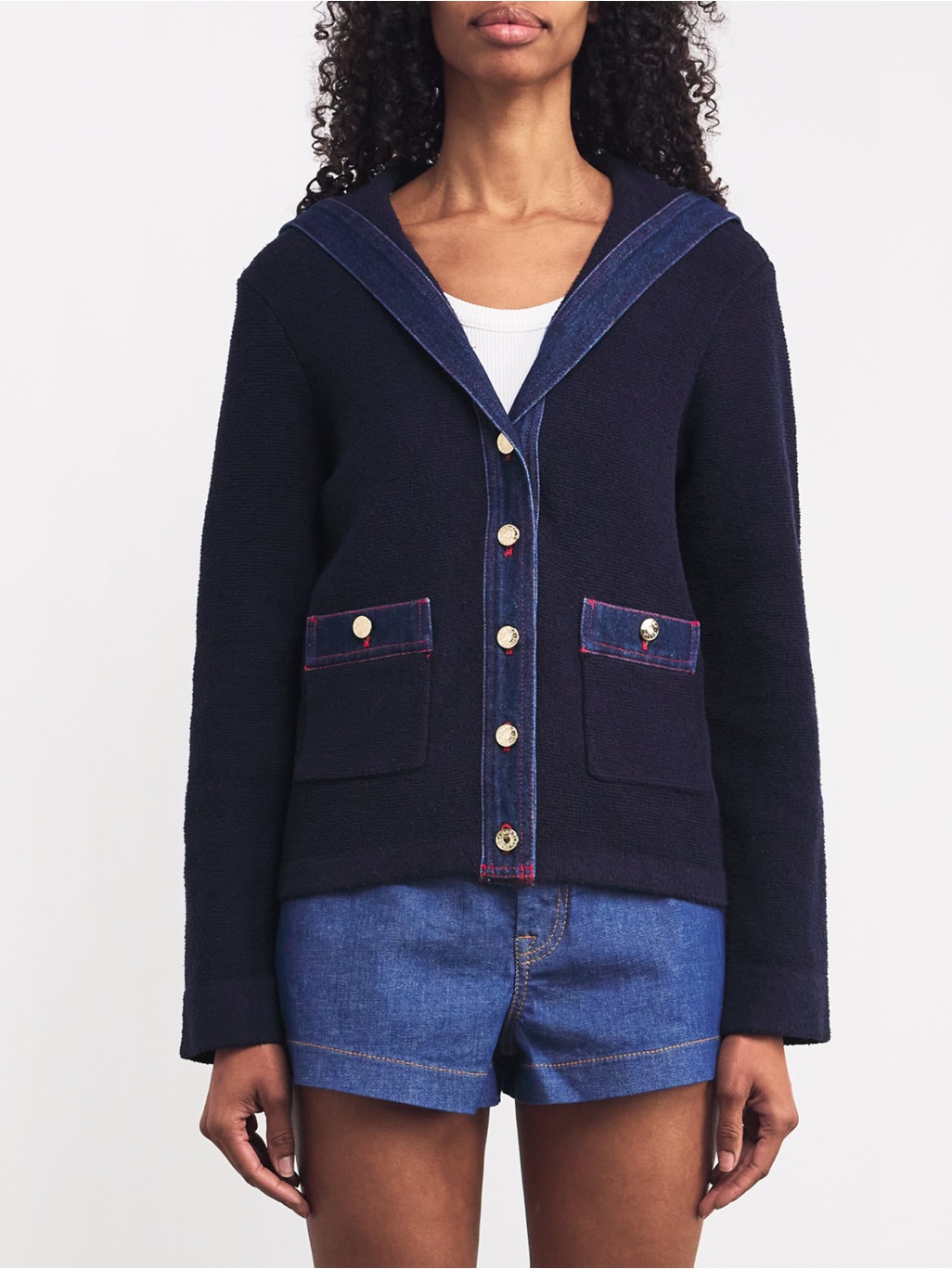 Nwt Sandro Navy Blue Button-Up Hooded Cardigan With Denim Trim